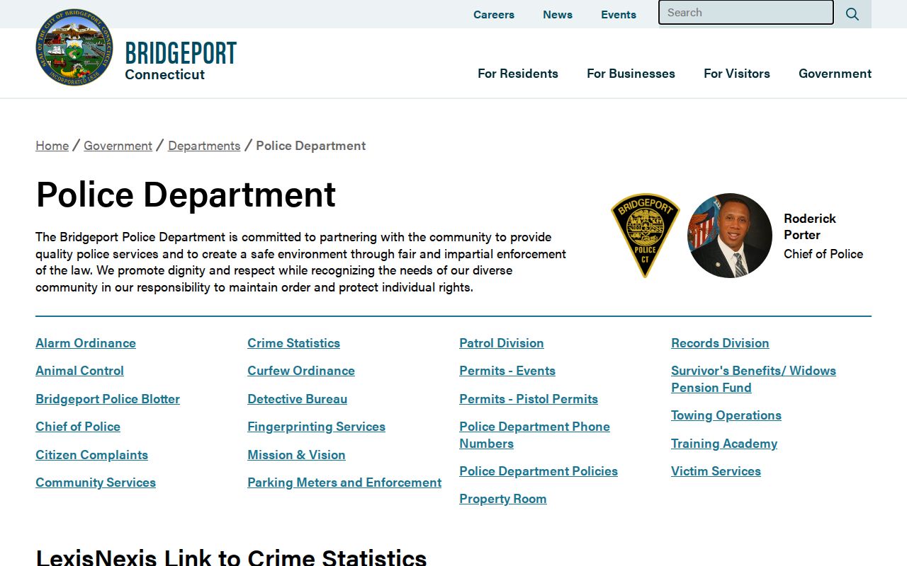 Official Bridgeport Police headquarters and services page