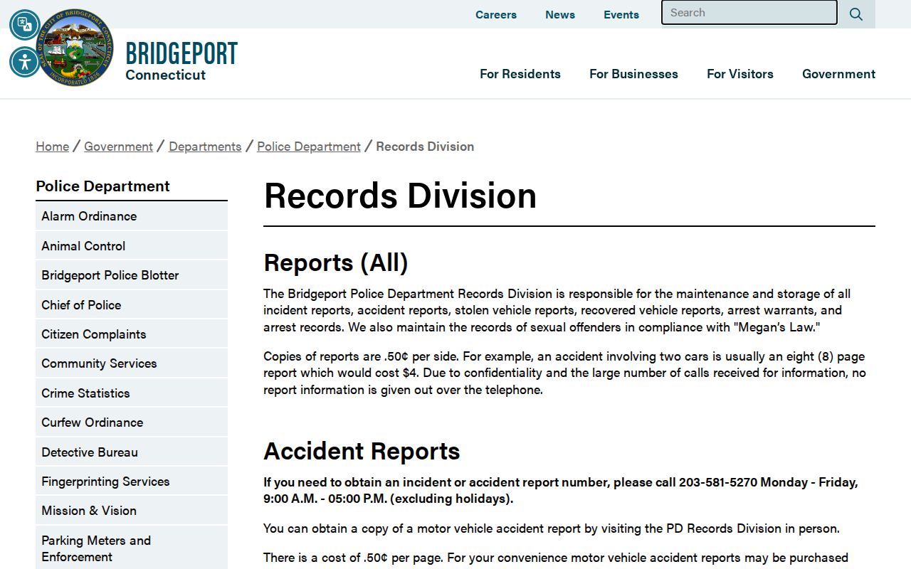 Bridgeport Police Records Division page describing arrest-warrant records