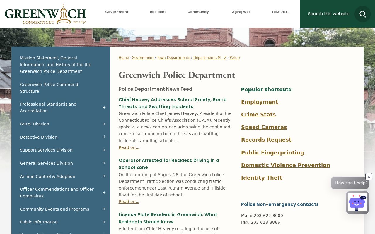 Official Greenwich Police page with Public Safety Complex contact information