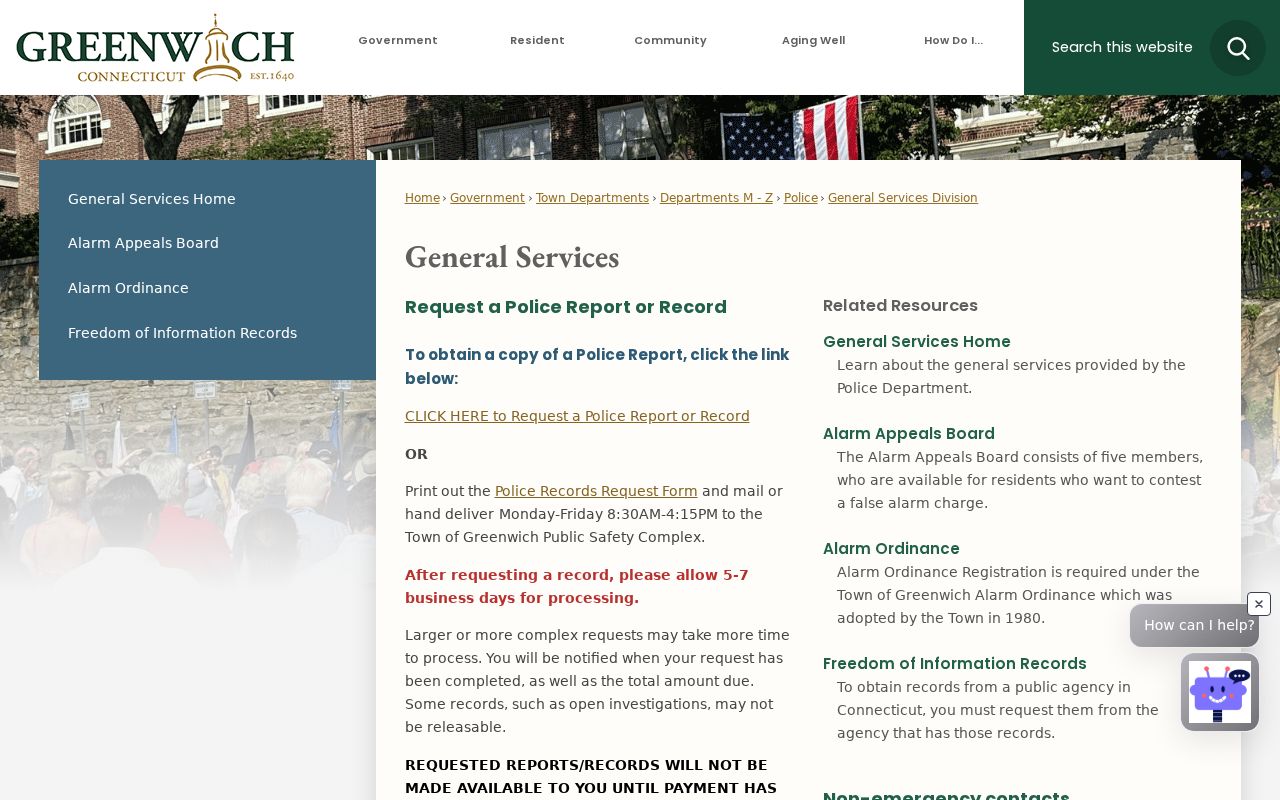 Greenwich General Services police records request and fee page