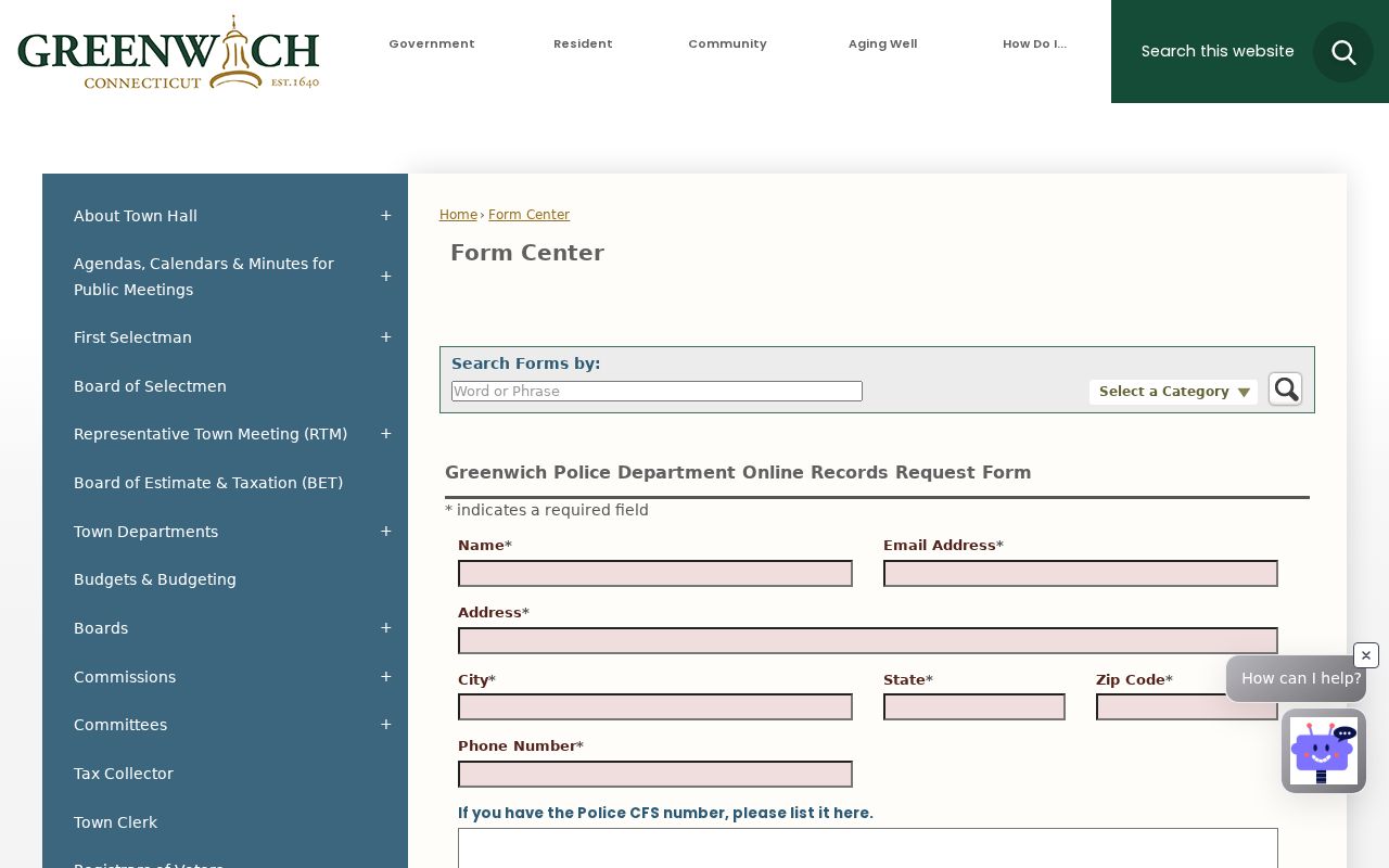 Greenwich Police online records request form and required fields