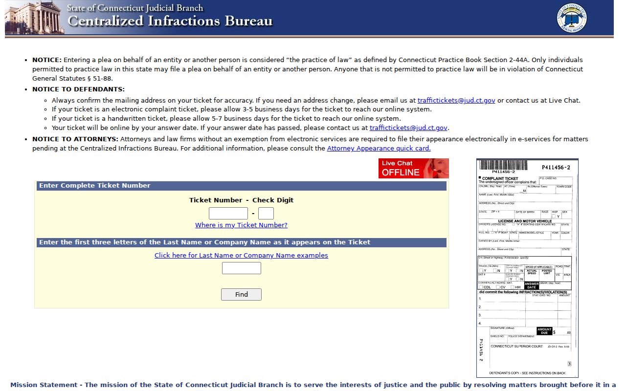 Centralized Infractions Bureau ticket fields for a Norwalk County court matter